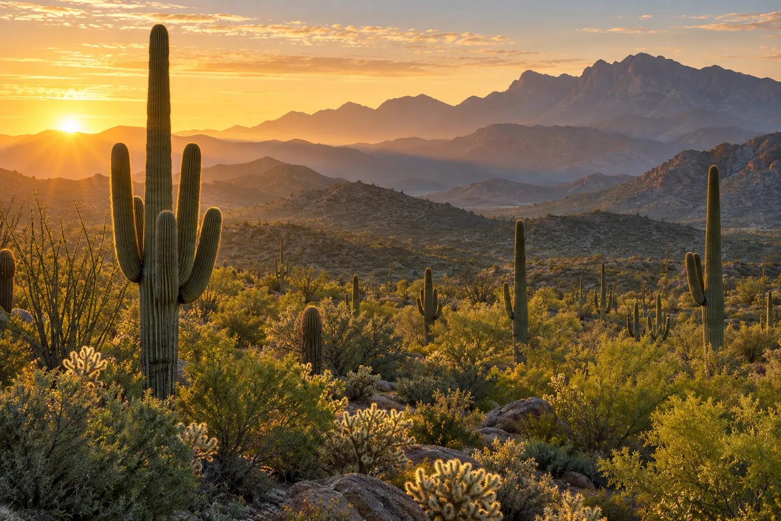 Saguaros and mountain ridges in the Sonoran Desert at sunrise